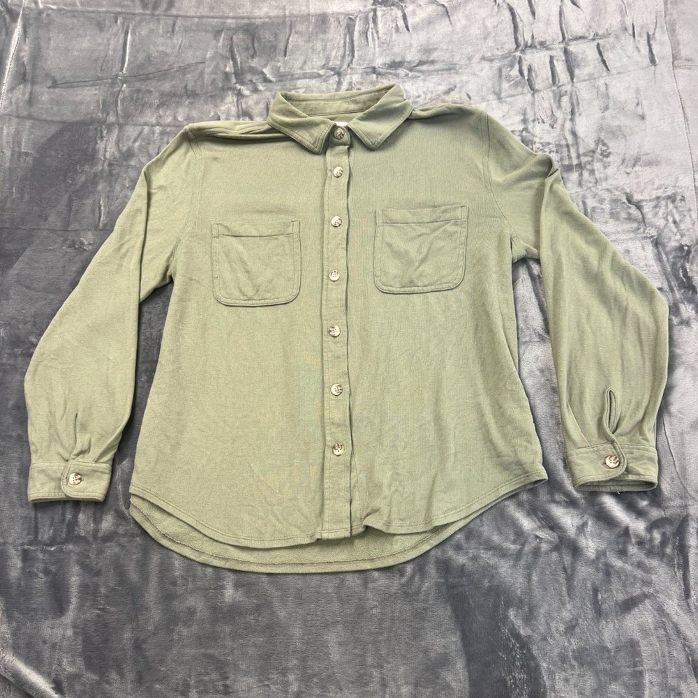 Angels Forever Young Shirt Womens Large Olive Green Stretch Knitted Button Up
